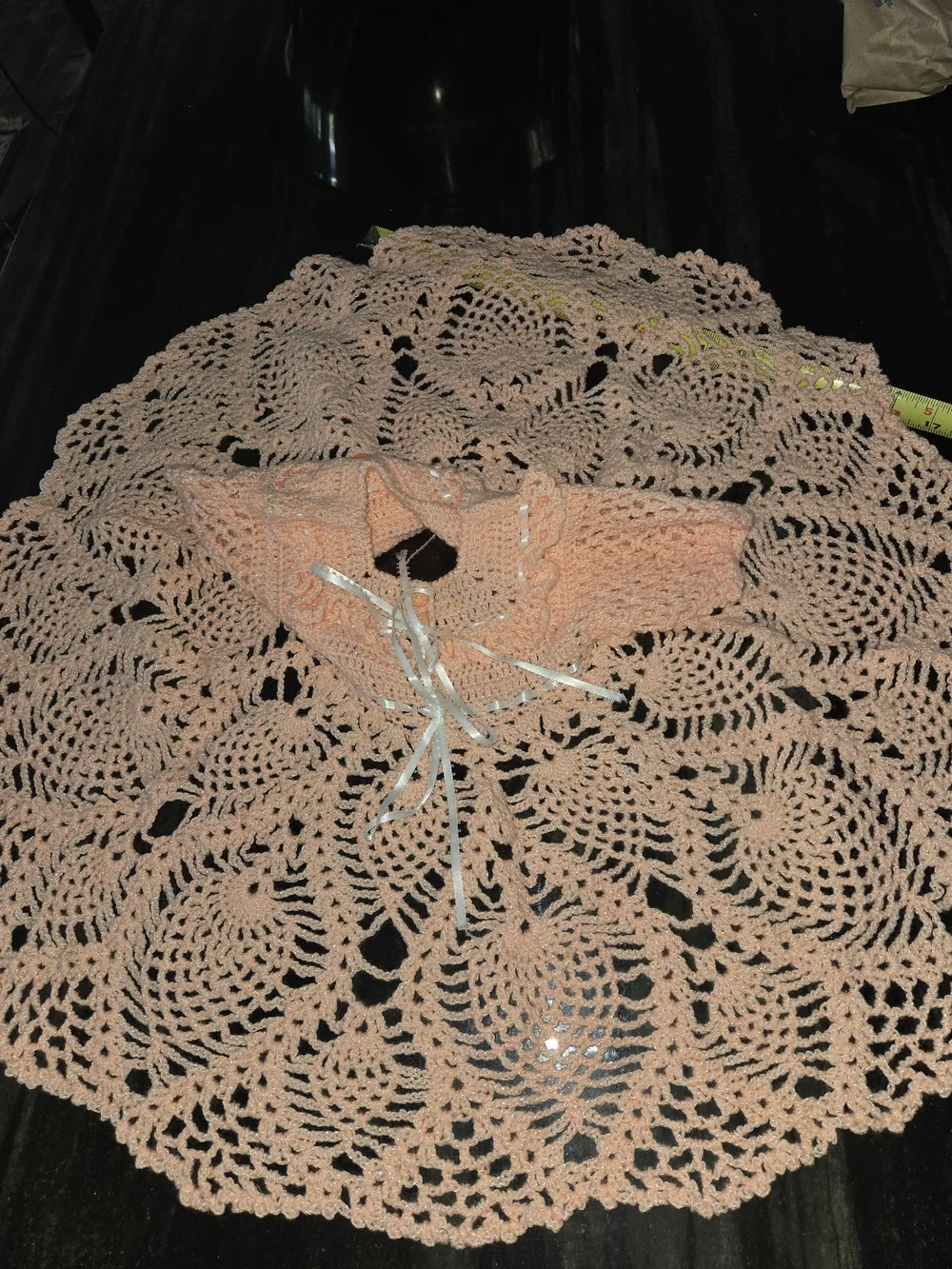 Handmade Peach Crochet Baby Dress with Ribbon Detail